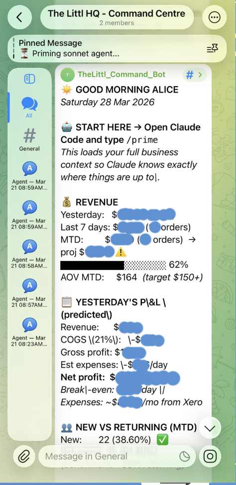 ecomAIOS Daily Brief — real data from Alice's brand, delivered to Telegram at 7:45am